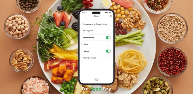 Зручний фільтр по алергенам, гостроті страви, за новизною та популярністю, фільтр вегетаріанських страв, а також сортування за ціною та часом приготування в безконтактному QR меню від EatScanPay